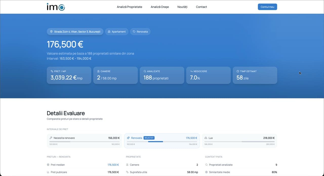 Demonstrație a raportului AI generat de imo360