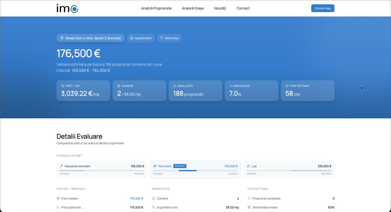 Demonstrație a raportului AI generat de imo360
